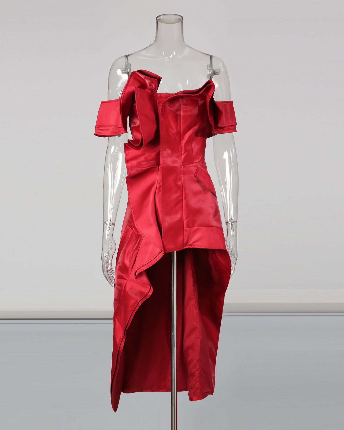 Red Off - Shoulder Ruffled Asymmetrical Dress - SISPELL