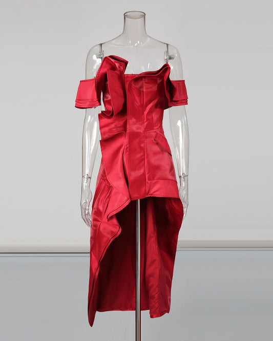 Red Off - Shoulder Ruffled Asymmetrical Dress - SISPELL