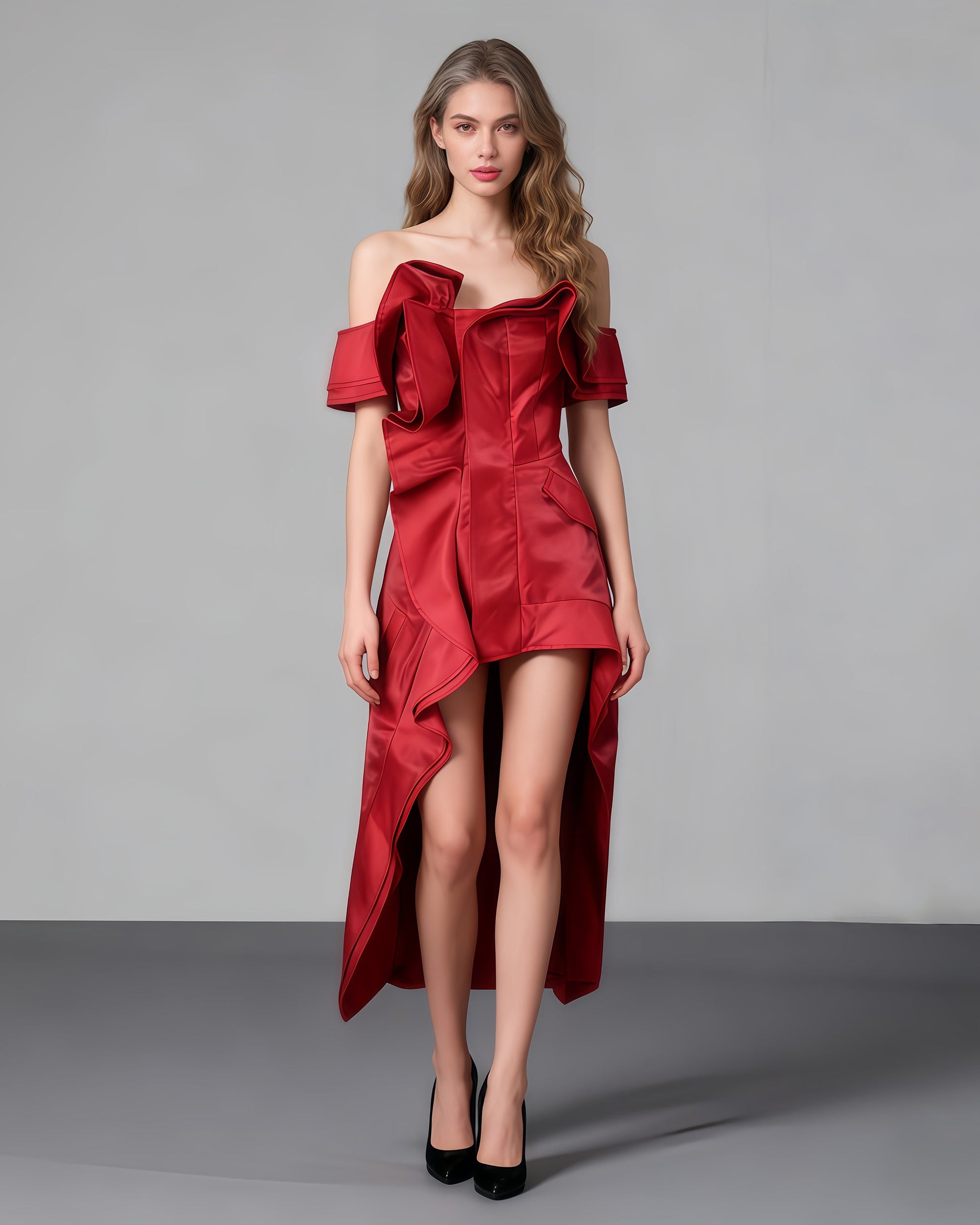 Red Off - Shoulder Ruffled Asymmetrical Dress - SISPELL