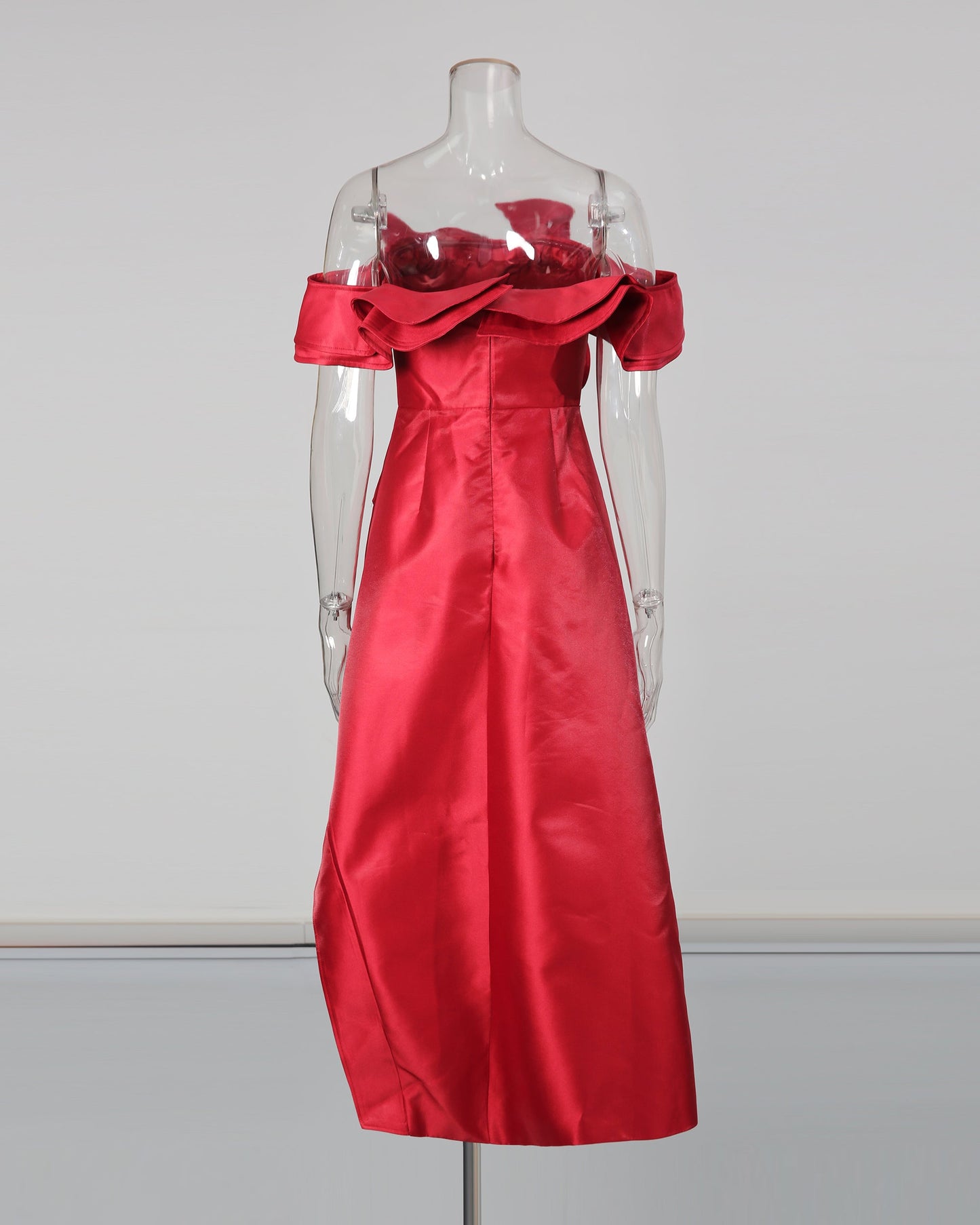 Red Off - Shoulder Ruffled Asymmetrical Dress - SISPELL