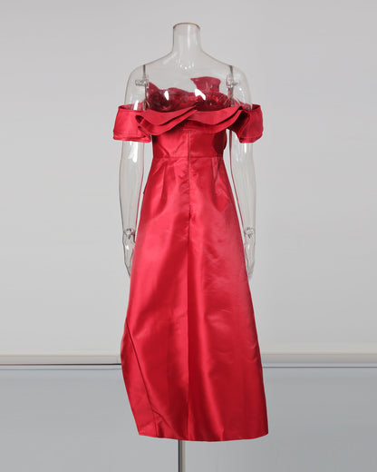 Red Off - Shoulder Ruffled Asymmetrical Dress - SISPELL