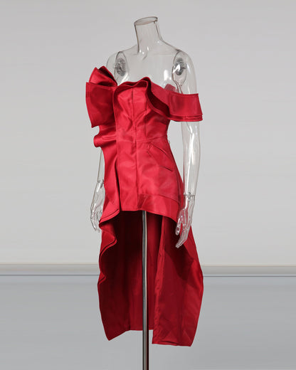 Red Off - Shoulder Ruffled Asymmetrical Dress - SISPELL