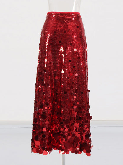 Red Sequin Maxi Skirt with Glitter - SISPELL