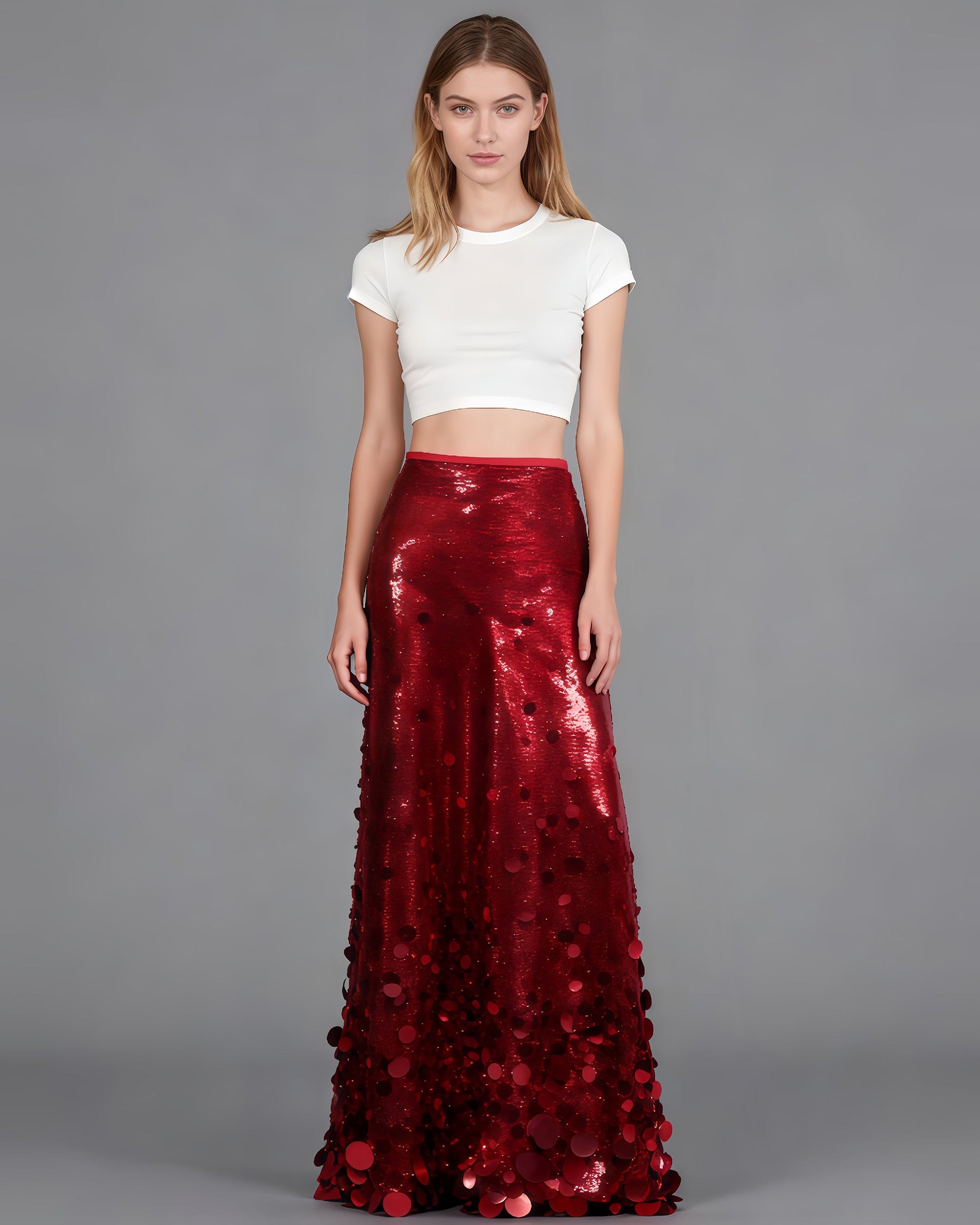 Red Sequin Maxi Skirt with Glitter - SISPELL