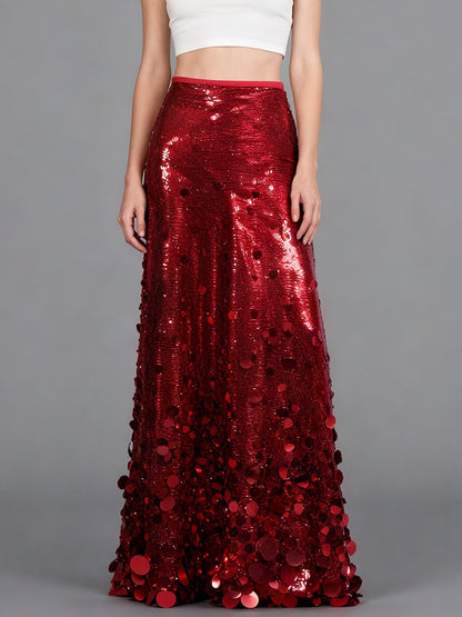 Red Sequin Maxi Skirt with Glitter - SISPELL