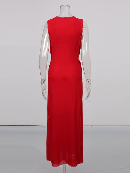 Red Sleeveless Knotted Ruched Maxi Dress - SISPELL