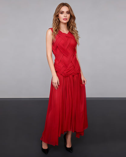 Red Sleeveless Knotted Ruched Maxi Dress - SISPELL