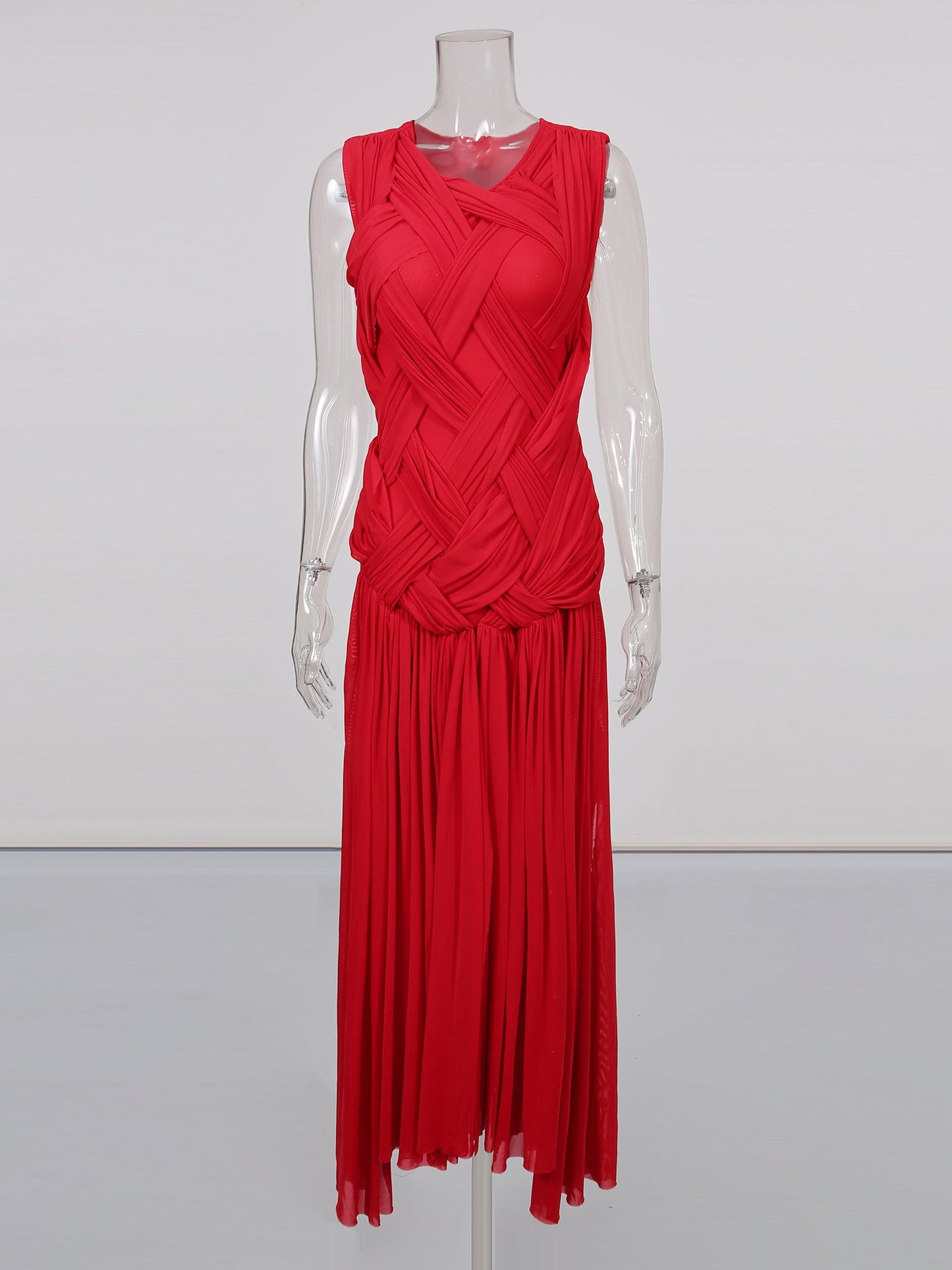 Red Sleeveless Knotted Ruched Maxi Dress - SISPELL