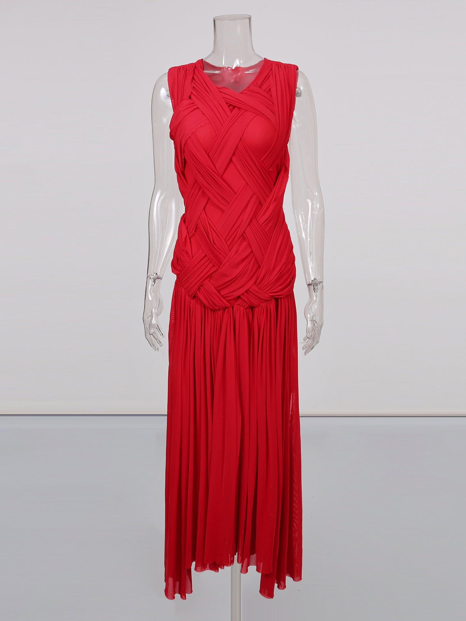 Red Sleeveless Knotted Ruched Maxi Dress - SISPELL