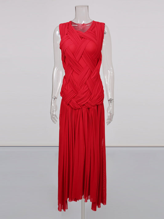 Red Sleeveless Knotted Ruched Maxi Dress - SISPELL