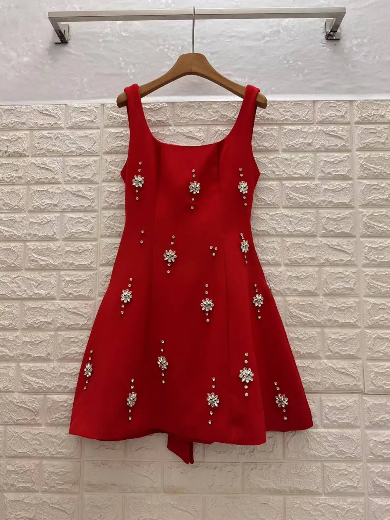 Red Square Neck Mini Dress with Crystal Florals - SISPELL