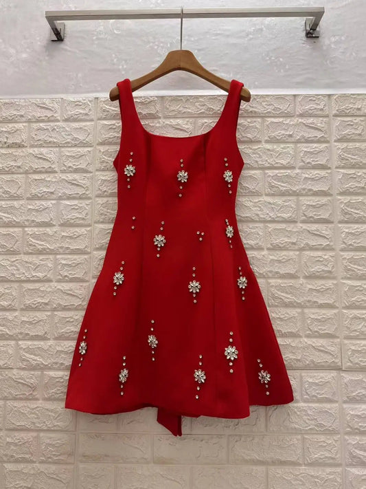 Red Square Neck Mini Dress with Crystal Florals - SISPELL