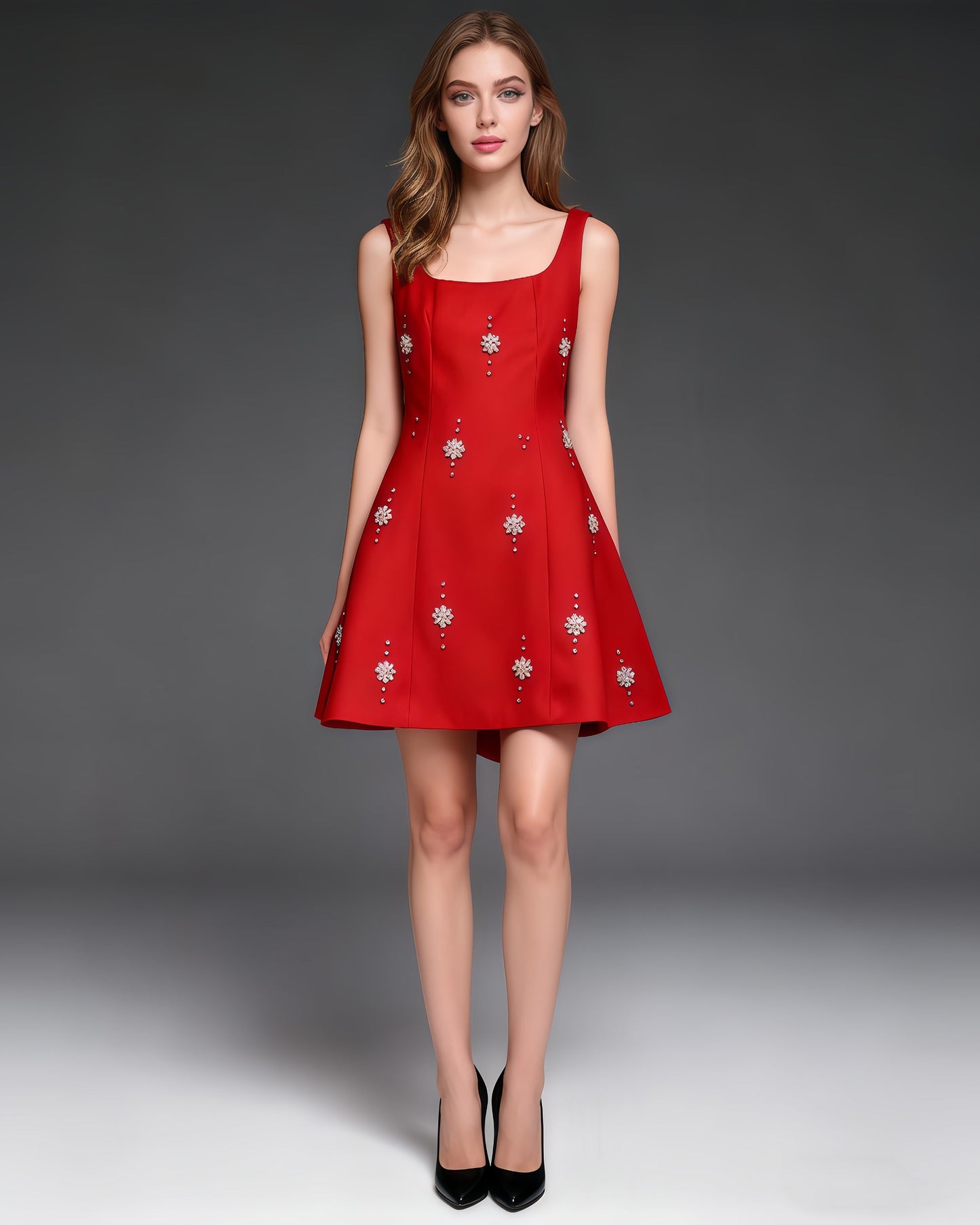Red Square Neck Mini Dress with Crystal Florals - SISPELL
