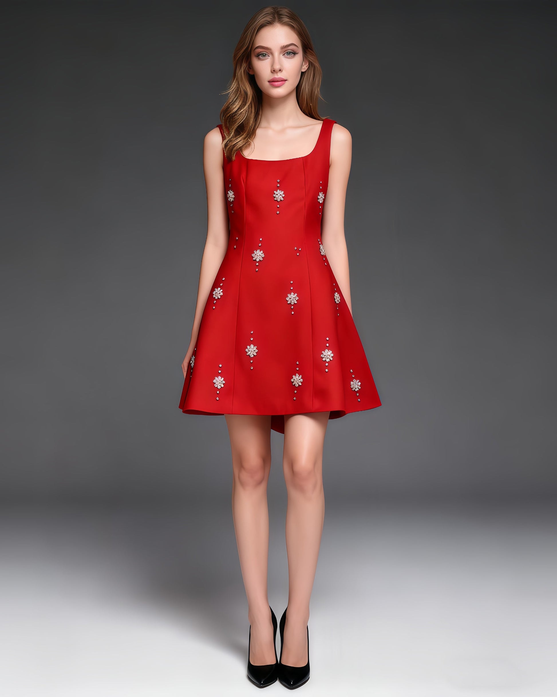 Red Square Neck Mini Dress with Crystal Florals - SISPELL