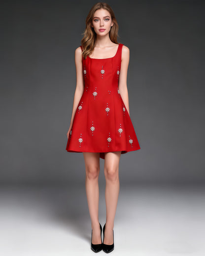 Red Square Neck Mini Dress with Crystal Florals - SISPELL