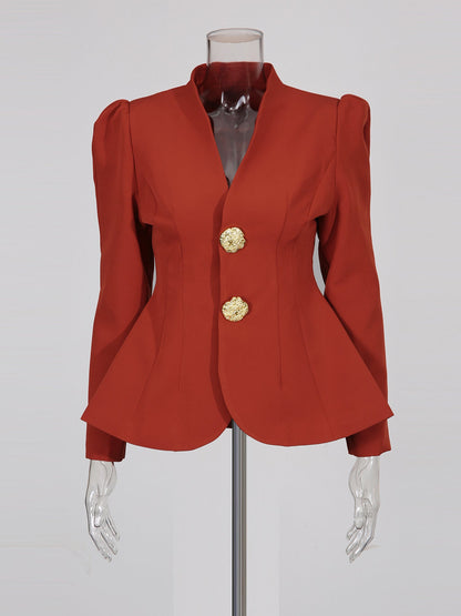 Red Suit Set with Gold Button & Peplum Blazer - SISPELL