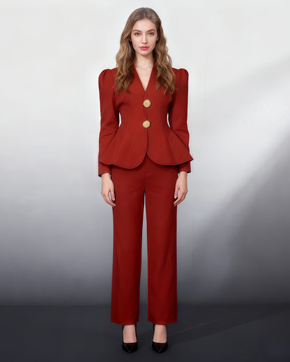 Red Suit Set with Gold Button & Peplum Blazer - SISPELL