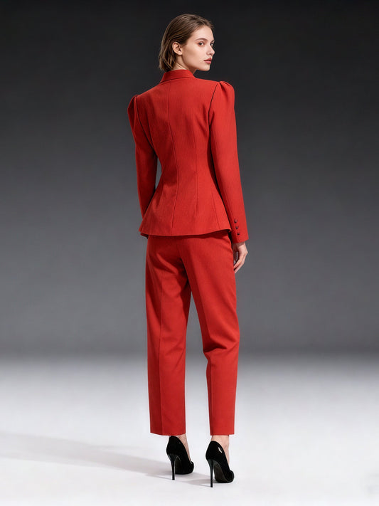 Red Suit Set with Gold Button & Peplum Blazer - SISPELL