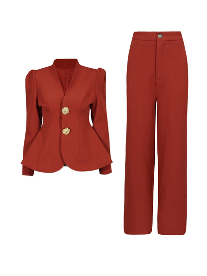 Red Suit Set with Gold Button & Peplum Blazer - SISPELL