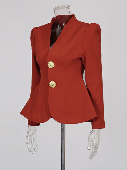 Red Suit Set with Gold Button & Peplum Blazer - SISPELL