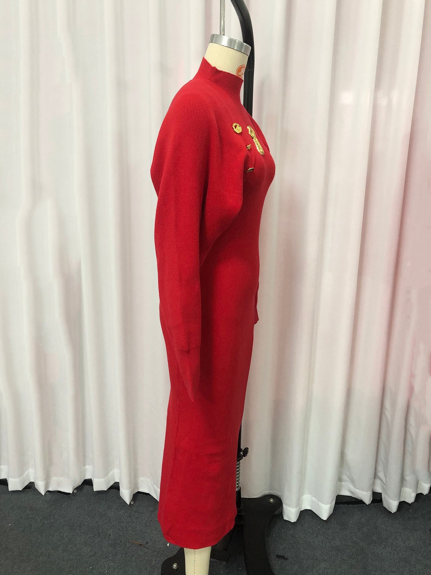 Red Turtleneck Knit Midi Dress with Keyhole Accent - SISPELL