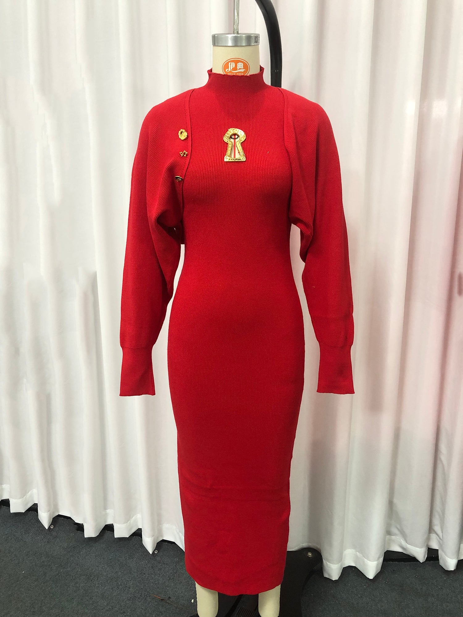 Red Turtleneck Knit Midi Dress with Keyhole Accent - SISPELL