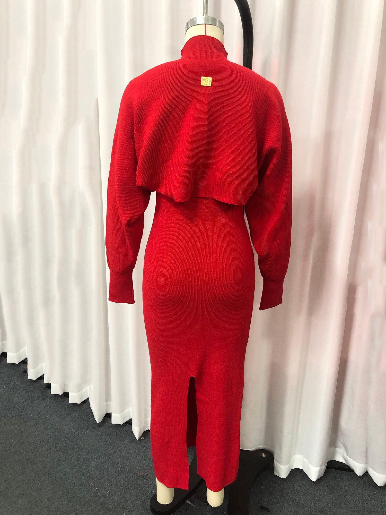 Red Turtleneck Knit Midi Dress with Keyhole Accent - SISPELL