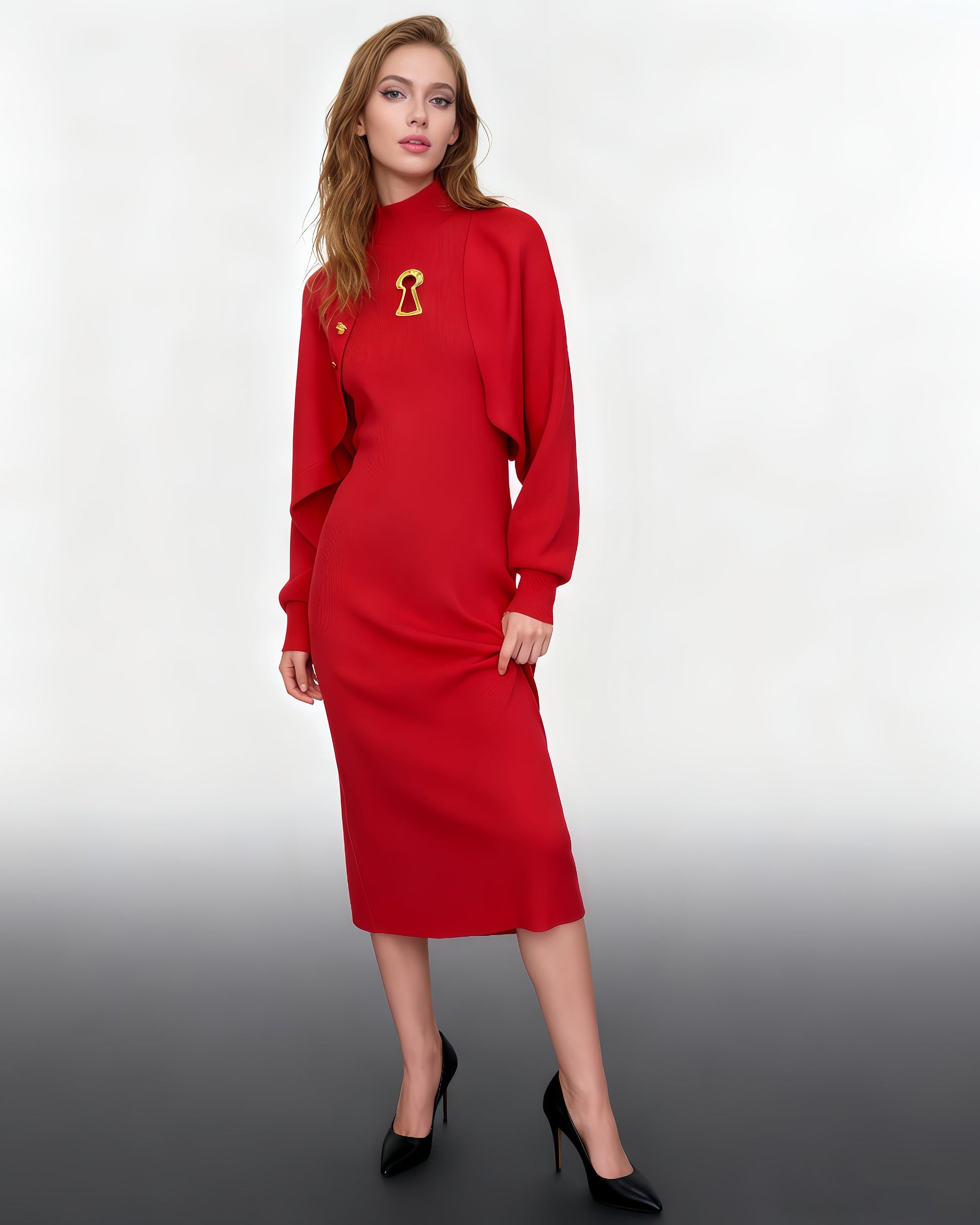 Red Turtleneck Knit Midi Dress with Keyhole Accent - SISPELL