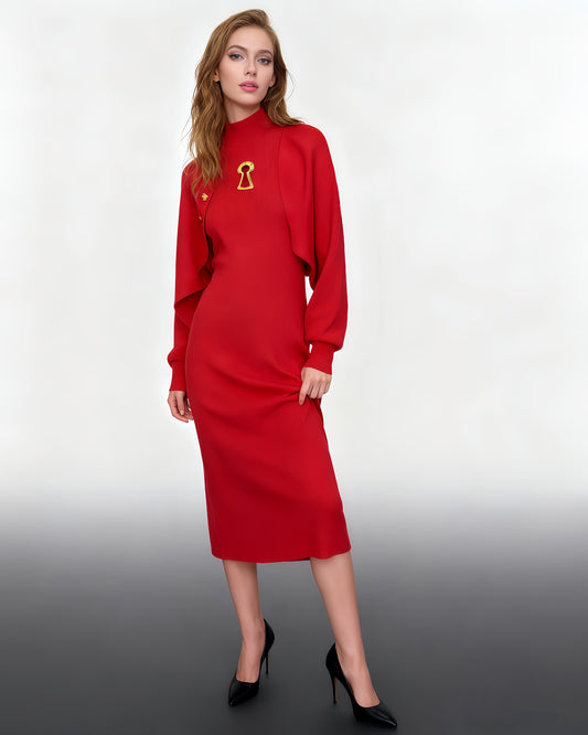 Red Turtleneck Knit Midi Dress with Keyhole Accent - SISPELL
