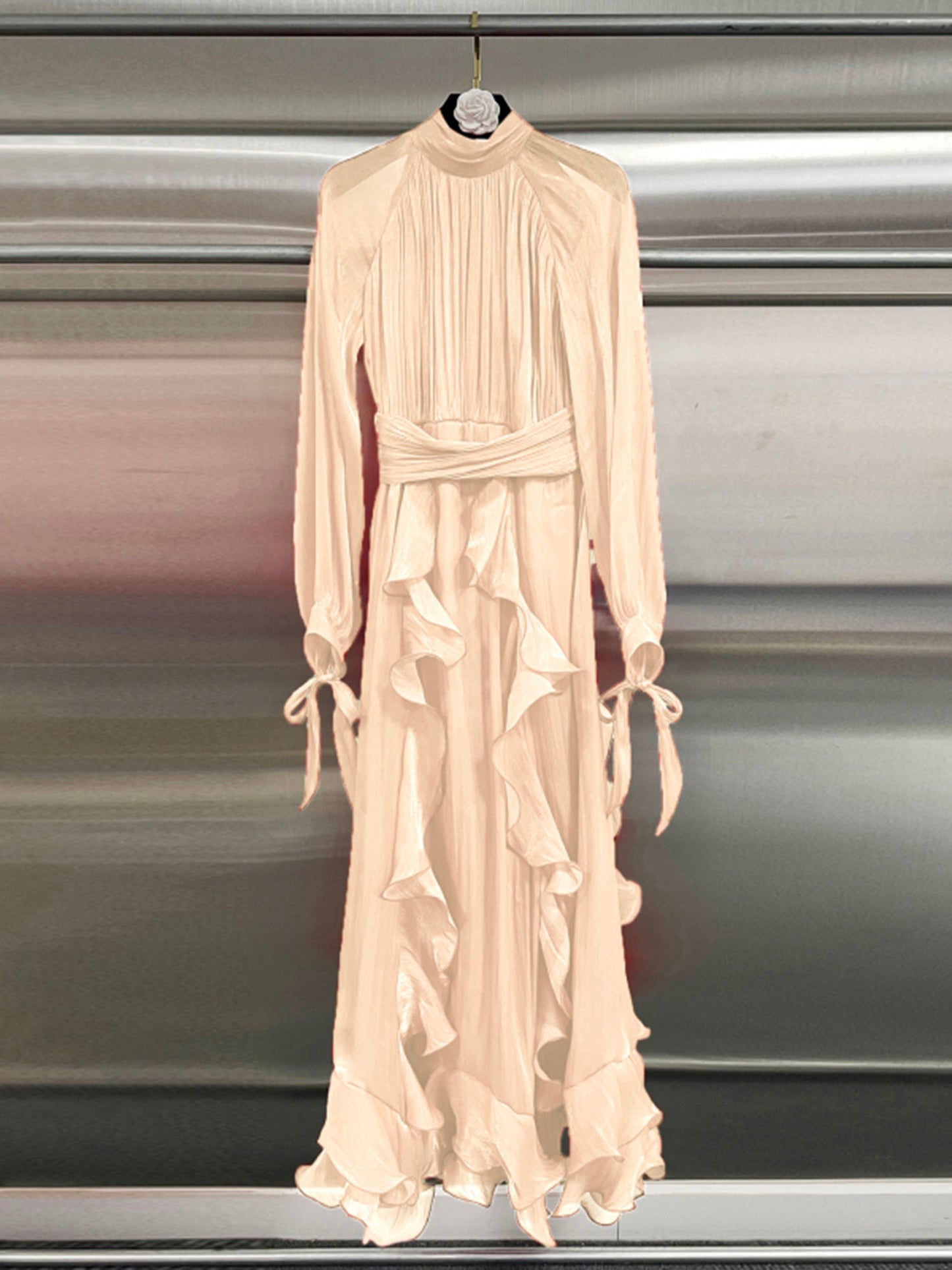 Romantic Apricot Ruffled Maxi Dress with Tie Cuffs and Waist Sash - SISPELL