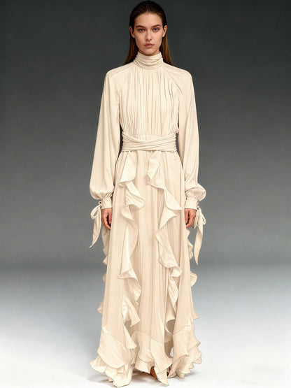 Romantic Apricot Ruffled Maxi Dress with Tie Cuffs and Waist Sash - SISPELL