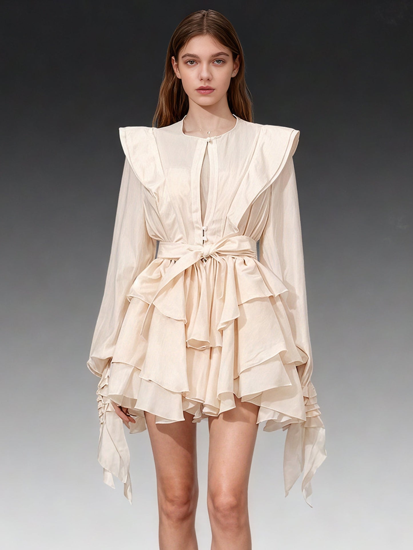 Romantic Apricot Ruffled Tiered Mini Dress with Belt - SISPELL