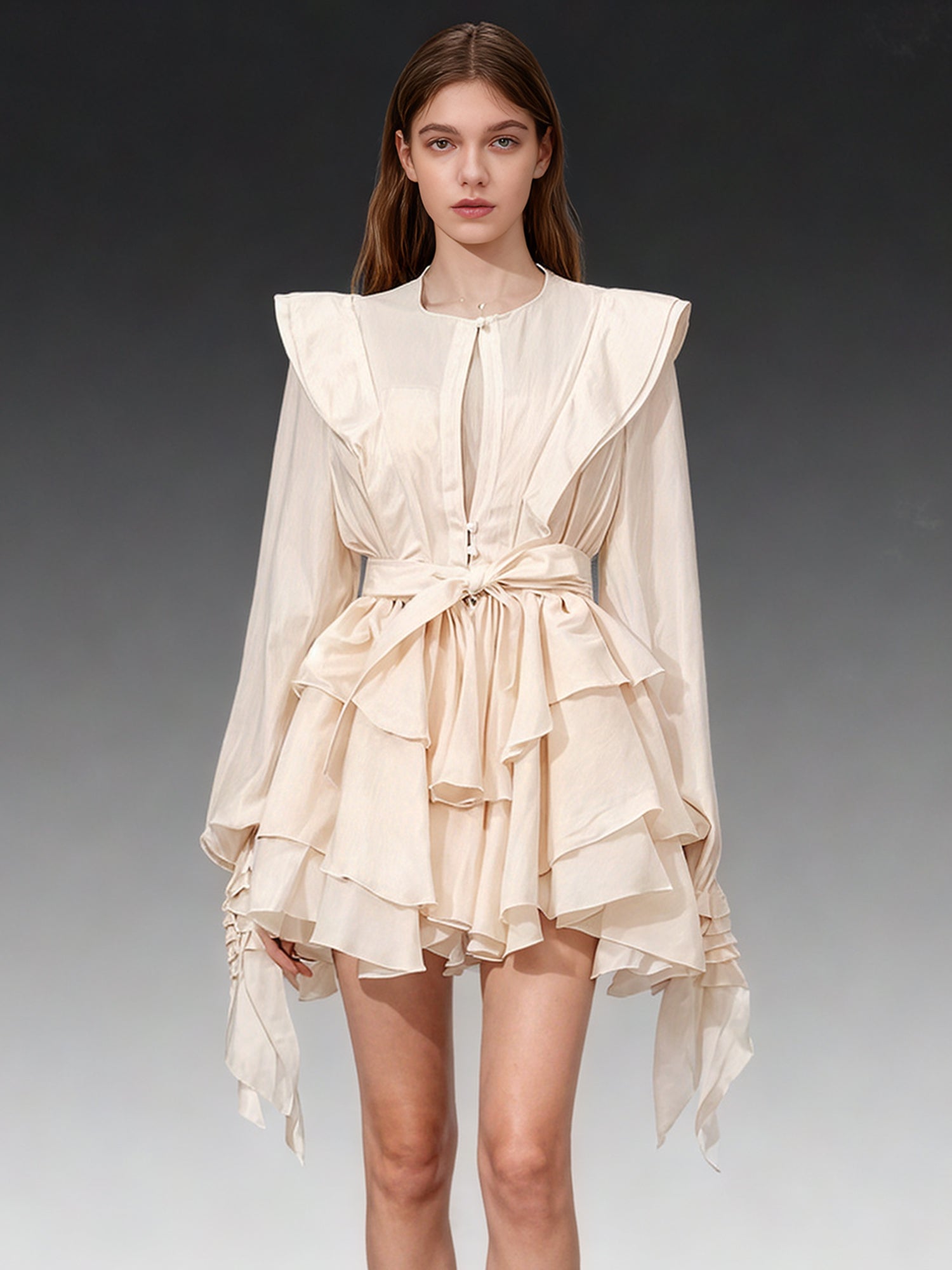 Romantic Apricot Ruffled Tiered Mini Dress with Belt - SISPELL