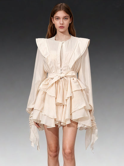 Romantic Apricot Ruffled Tiered Mini Dress with Belt - SISPELL