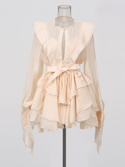 Romantic Apricot Ruffled Tiered Mini Dress with Belt - SISPELL
