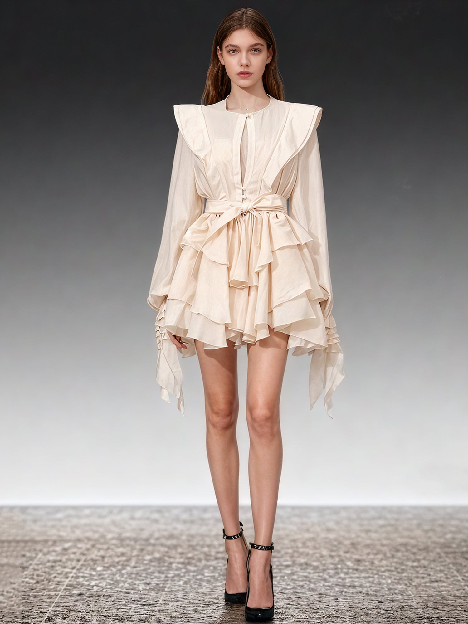 Romantic Apricot Ruffled Tiered Mini Dress with Belt - SISPELL