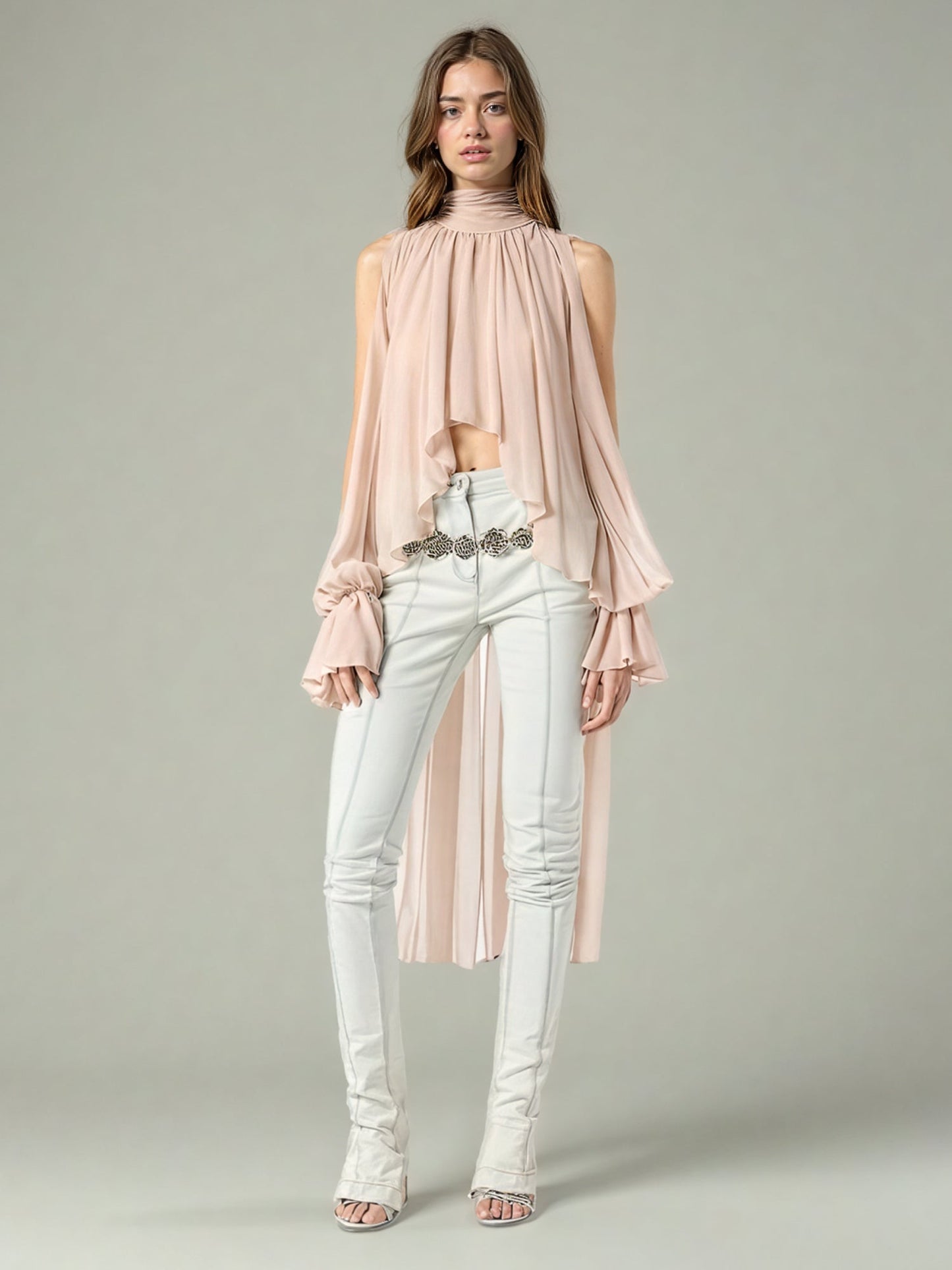 Romantic Blush High Neck Asymmetric Chiffon Blouse - SISPELL