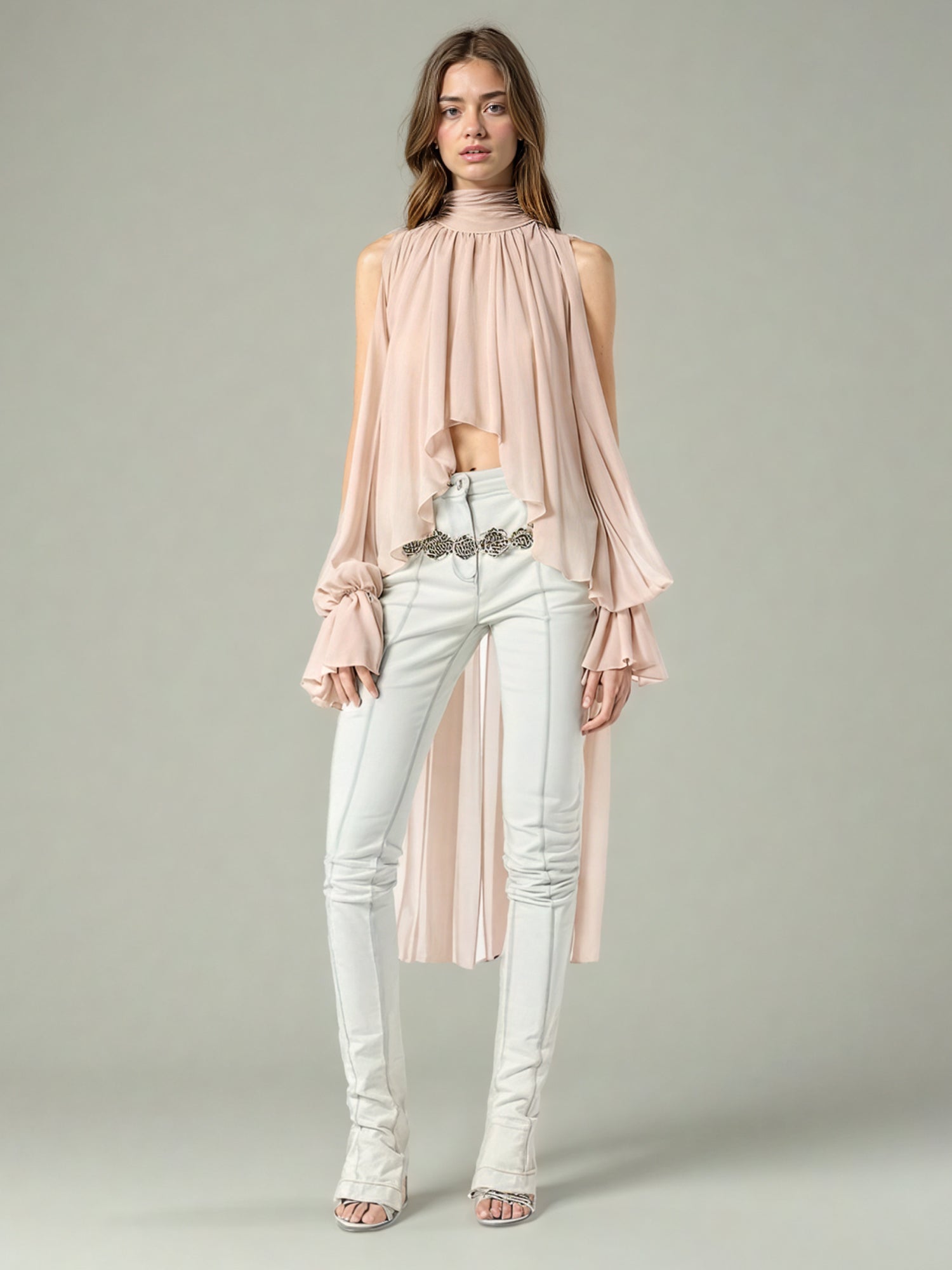 Romantic Blush High Neck Asymmetric Chiffon Blouse - SISPELL