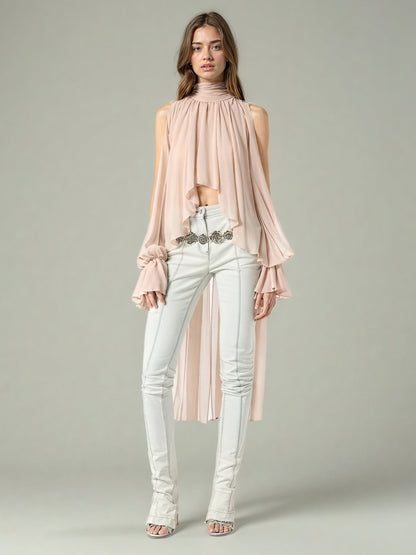 Romantic Blush High Neck Asymmetric Chiffon Blouse - SISPELL