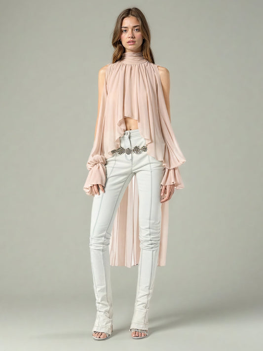 Romantic Blush High Neck Asymmetric Chiffon Blouse - SISPELL
