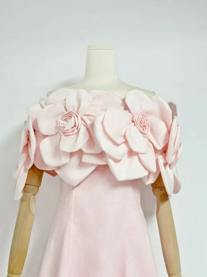 Romantic Pink Off - Shoulder Floral Applique Maxi Dress - SISPELL