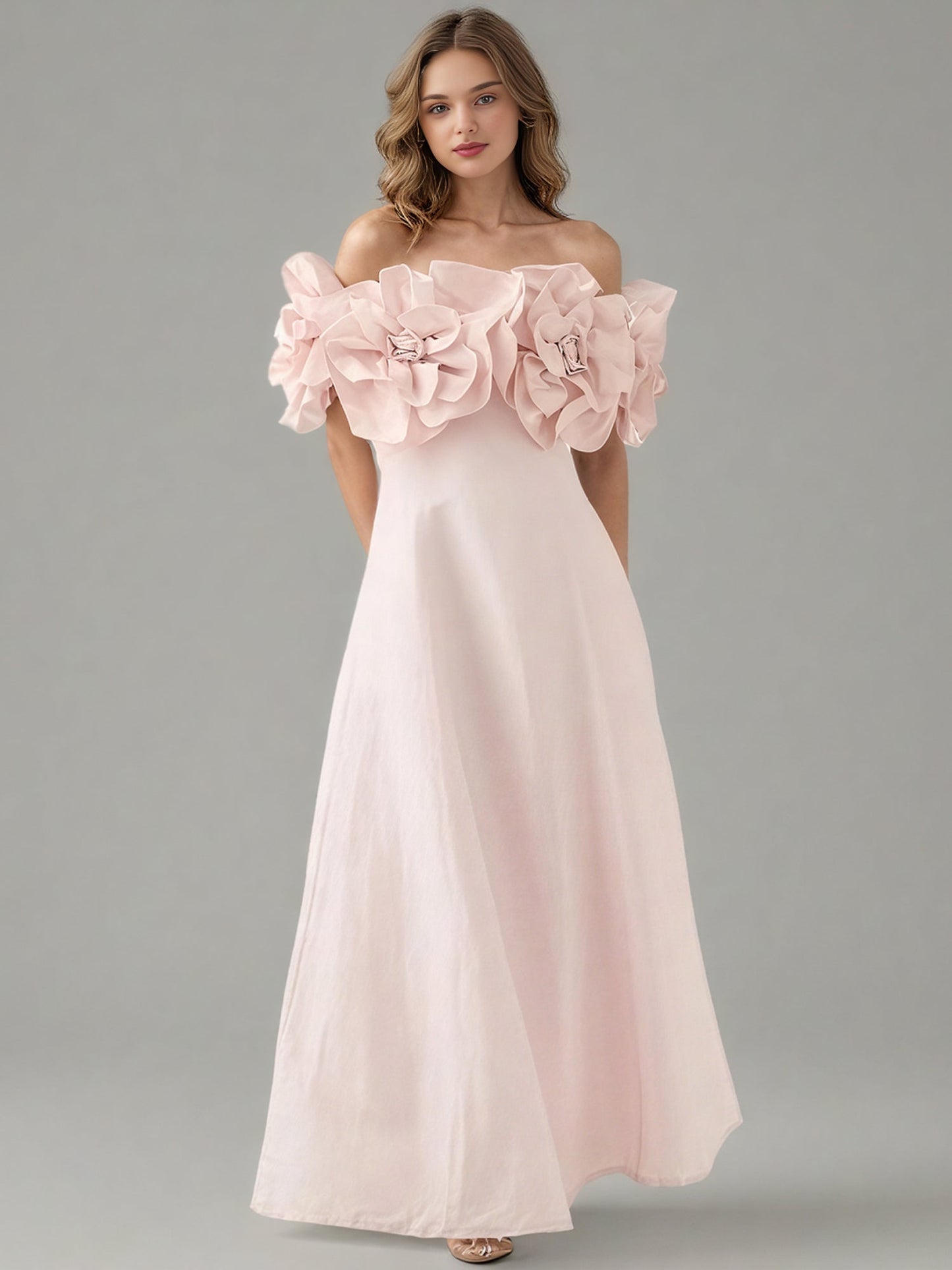 Romantic Pink Off - Shoulder Floral Applique Maxi Dress - SISPELL