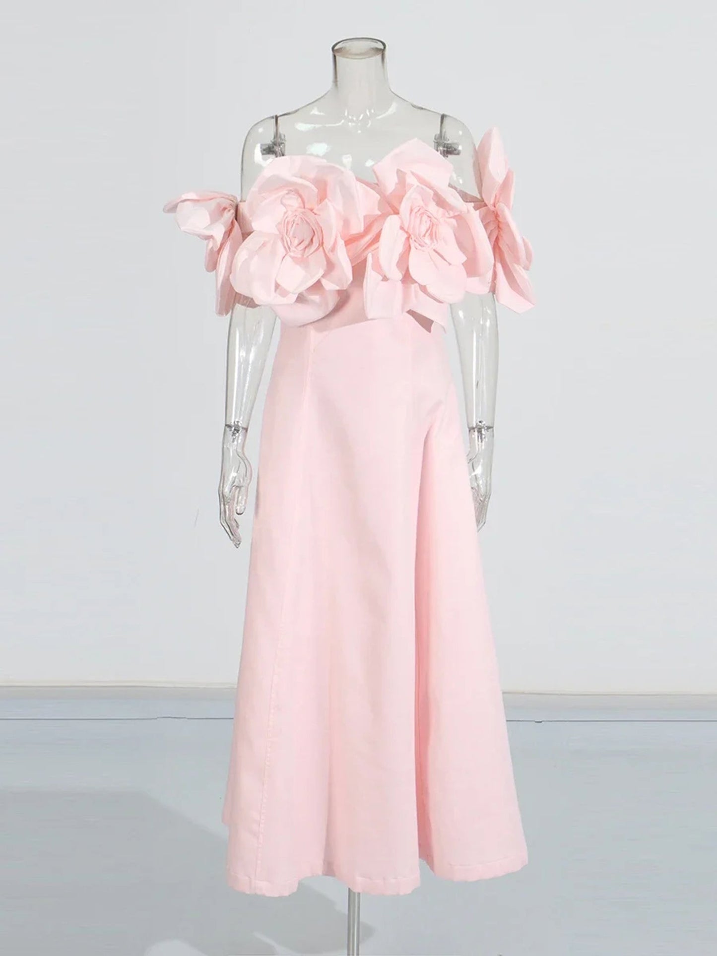 Romantic Pink Off - Shoulder Floral Applique Maxi Dress - SISPELL