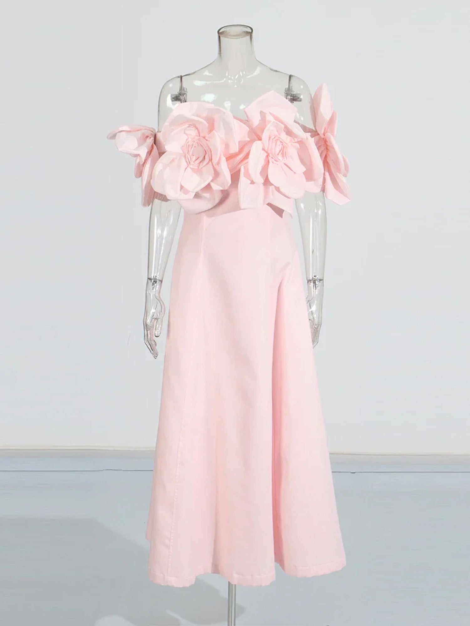 Romantic Pink Off - Shoulder Floral Applique Maxi Dress - SISPELL