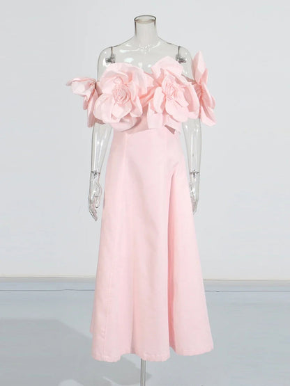 Romantic Pink Off - Shoulder Floral Applique Maxi Dress - SISPELL