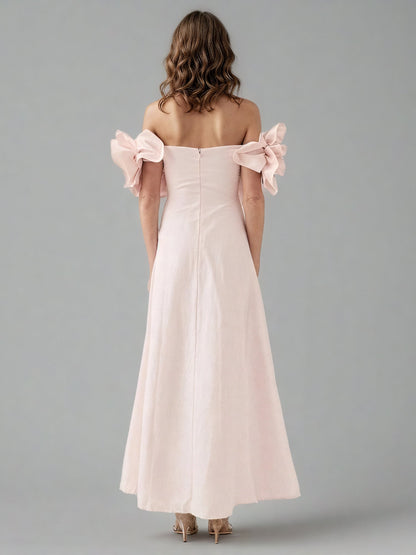 Romantic Pink Off - Shoulder Floral Applique Maxi Dress - SISPELL