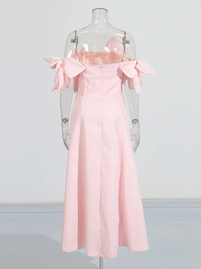 Romantic Pink Off - Shoulder Floral Applique Maxi Dress - SISPELL