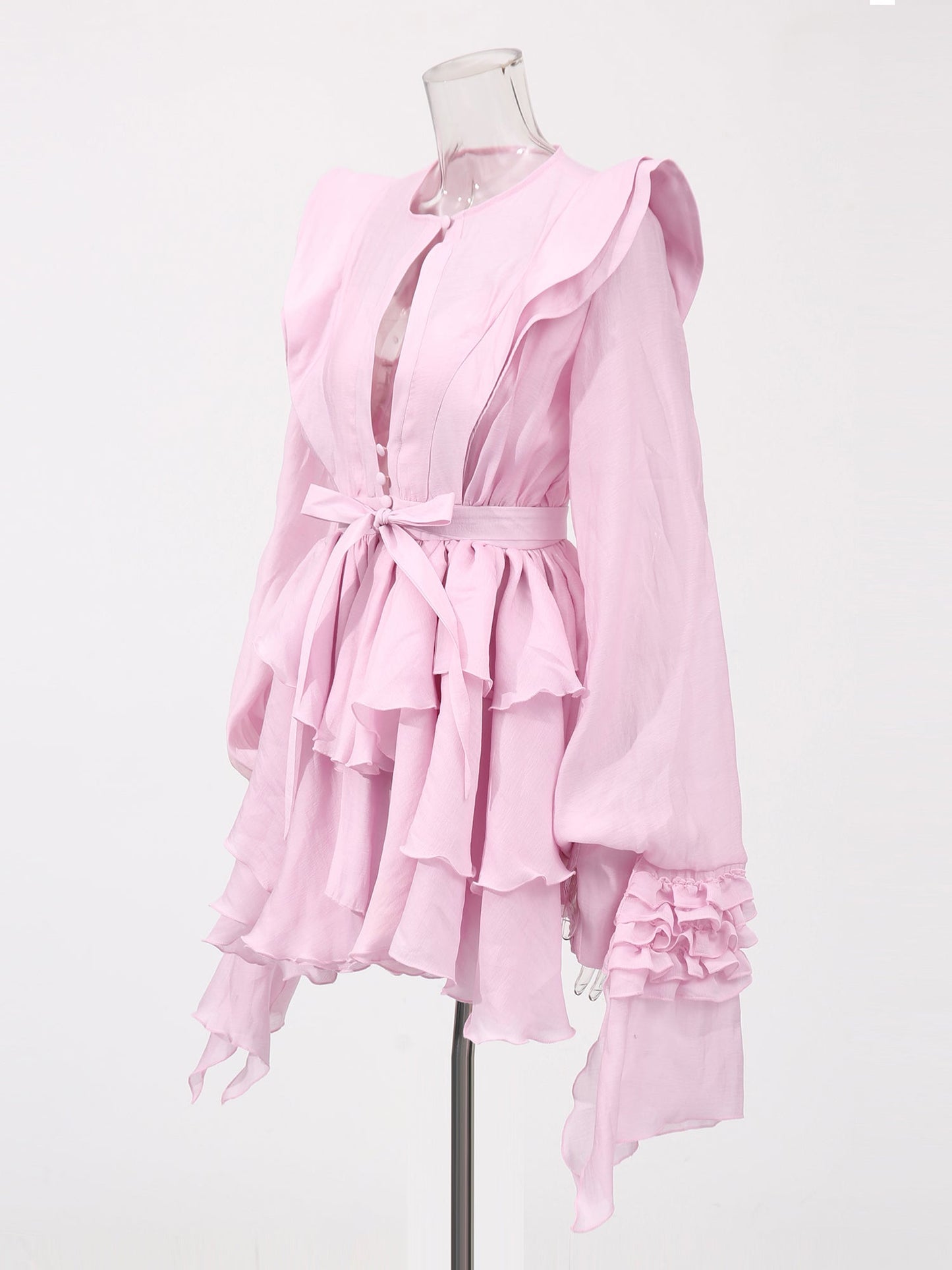 Romantic Pink Ruffled Tiered Mini Dress with Belt - SISPELL