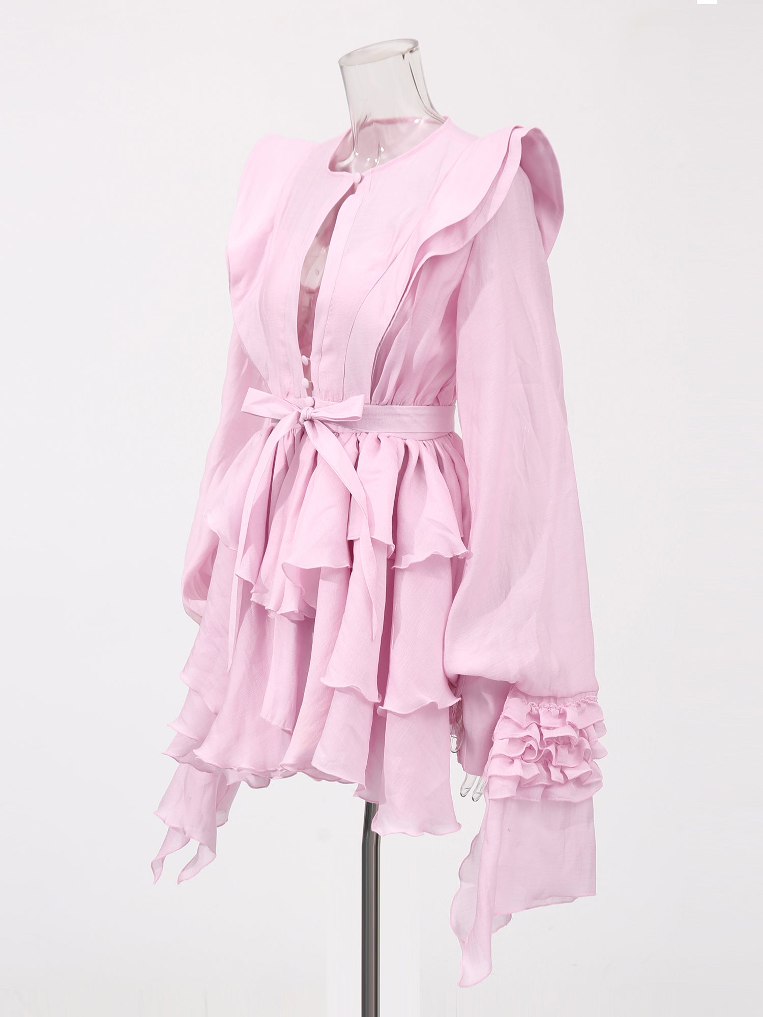 Romantic Pink Ruffled Tiered Mini Dress with Belt - SISPELL