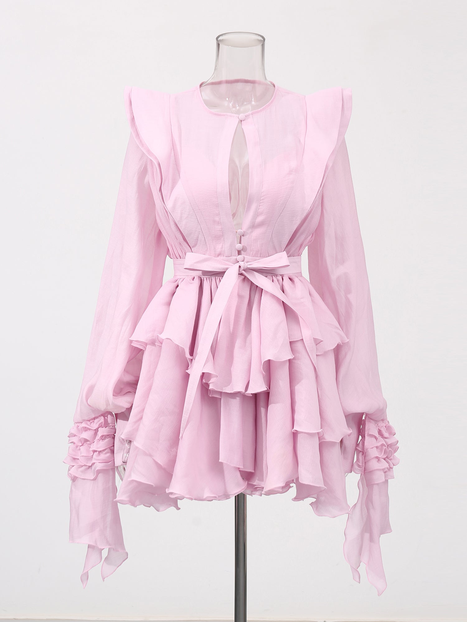 Romantic Pink Ruffled Tiered Mini Dress with Belt - SISPELL